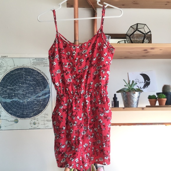 Red Adjustable Romper with White Flowers - Picture 1 of 6